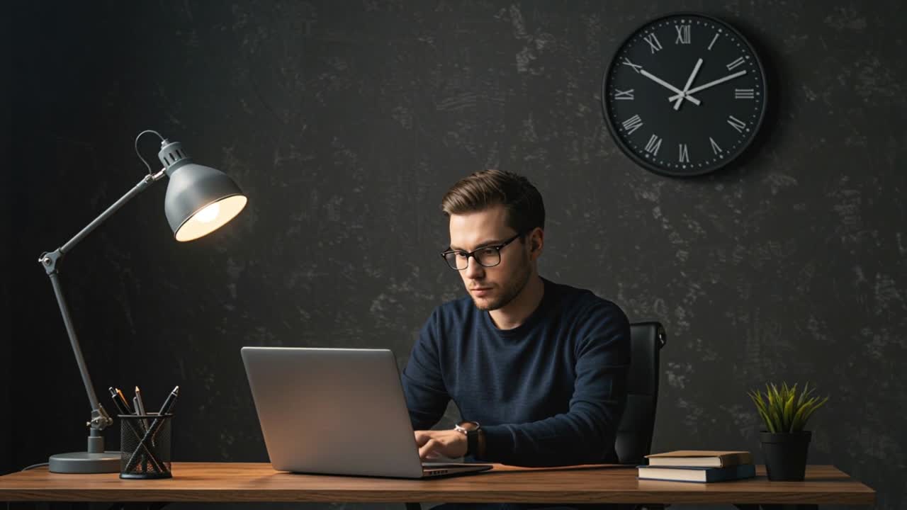 Young Man Working on Laptop at Desk in Dark Office