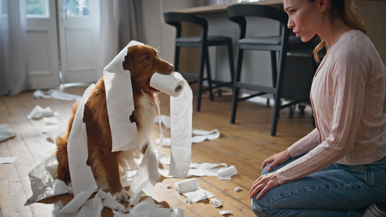 Owner quarreling disobedient pet wrapped in toilet paper at home close up.