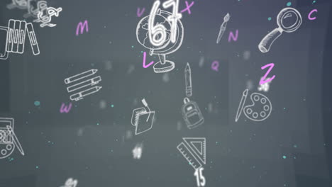 animación de múltiples iconos de artículos escolares, números y letras que se mueven sobre un fondo gris
