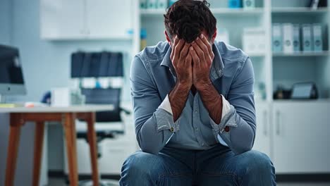 a man looking distressed and overwhelmed in an office setting