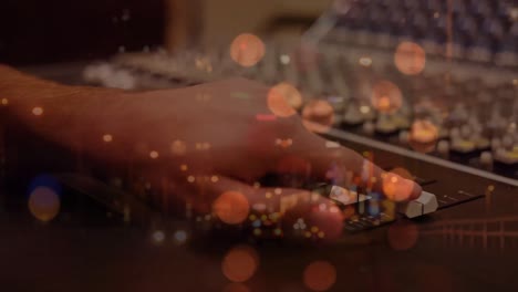 animation of blurred night road traffic over hands of caucasian male dj on concert