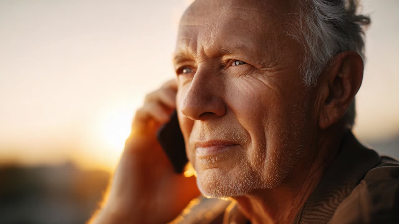 Un uomo maturo e pensieroso è impegnato in una conversazione telefonica sullo sfondo di un bellissimo tramonto, che mette in mostra il calore della luce serale e la profondità della connessione umana nella sua espressione e nel suo comportamento