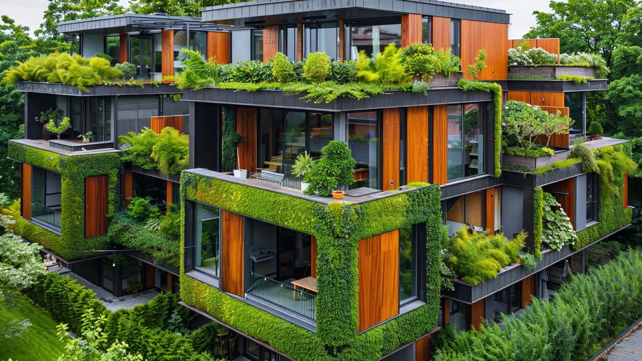 Modern Buildings with Extensive Vertical and Rooftop Gardens