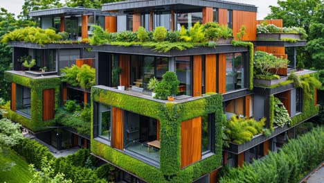 modern buildings with extensive vertical and rooftop gardens