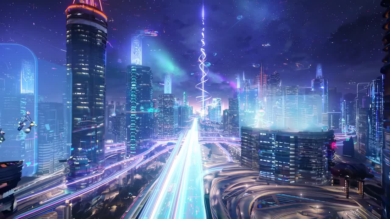 Futuristic cityscape at night from a high angle, showcasing neon-lit highways, ideal for a sci-fi