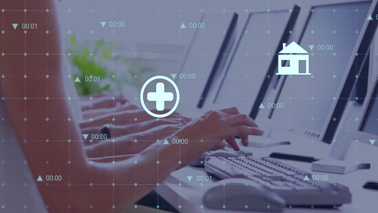 Hands typing on keyboard in animated office scene, showing time arrows, cross, home fuel icons