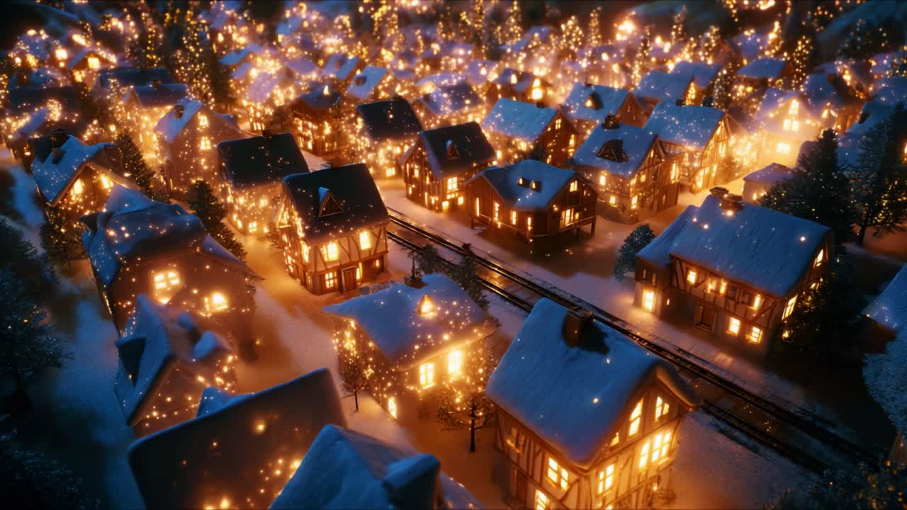 A Majestic Winter Night Over a Charming Snow-Covered Village Illuminated by Warm Glowing Lights, Creating a Magical Wonderland Feel with Twinkling Stars and a Gentle Cozy Atmosphere