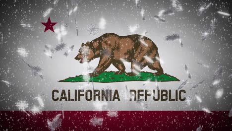 california flag falling snow, new year and christmas background, loop