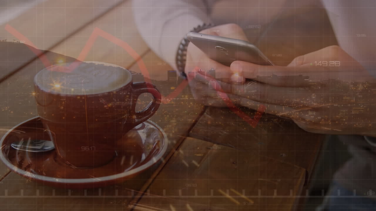 스마트 폰을 사용하는 백인 남성에 대한 금융 데이터 처리 애니메이션