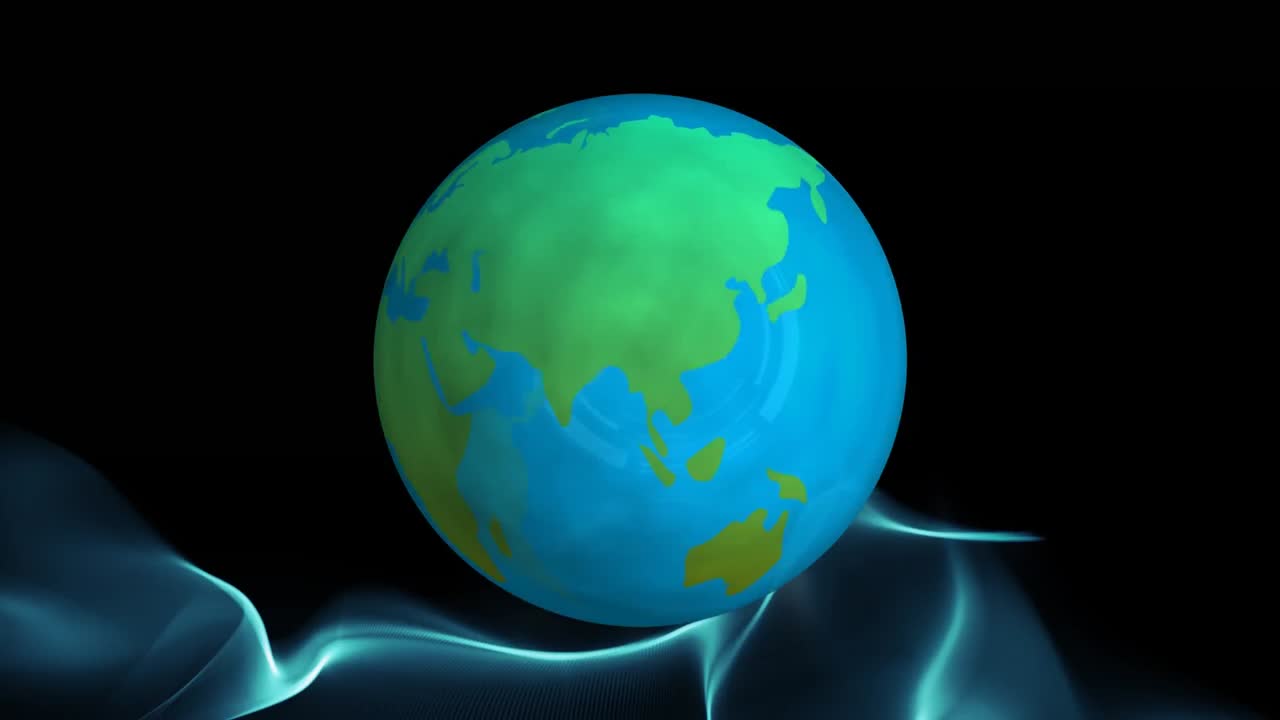 검은 바탕에 네트워크 위에서 회전하는 지구의 애니메이션