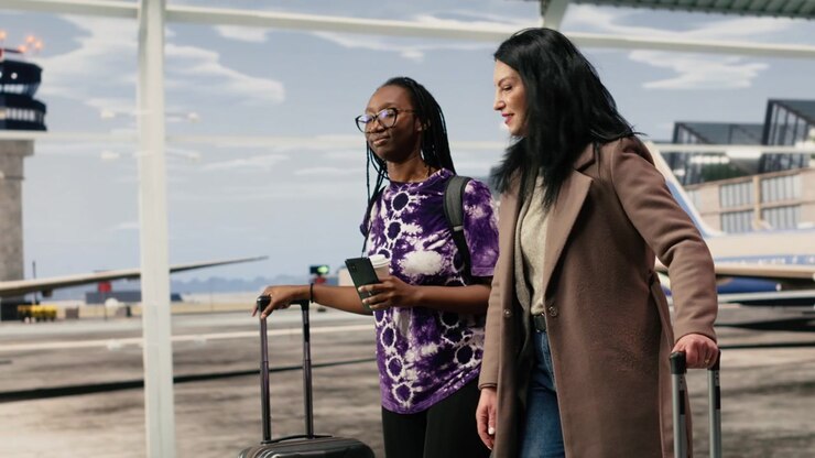 Donne rilassate con carrelli nel terminal dell'aeroporto, in viaggio insieme