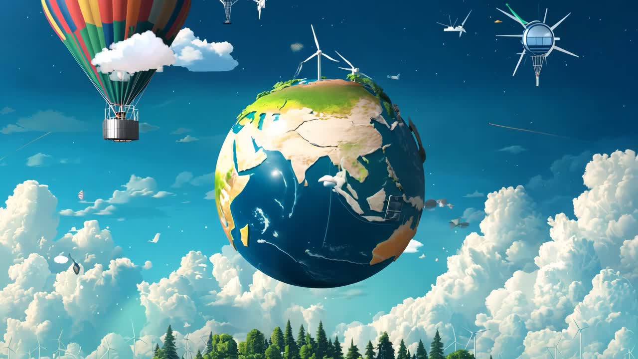 A beautiful and unique planet with a green forest covering its surface. In the sky above the planet, there is a hot air balloon, adding a sense of whimsy and adventure to the scene