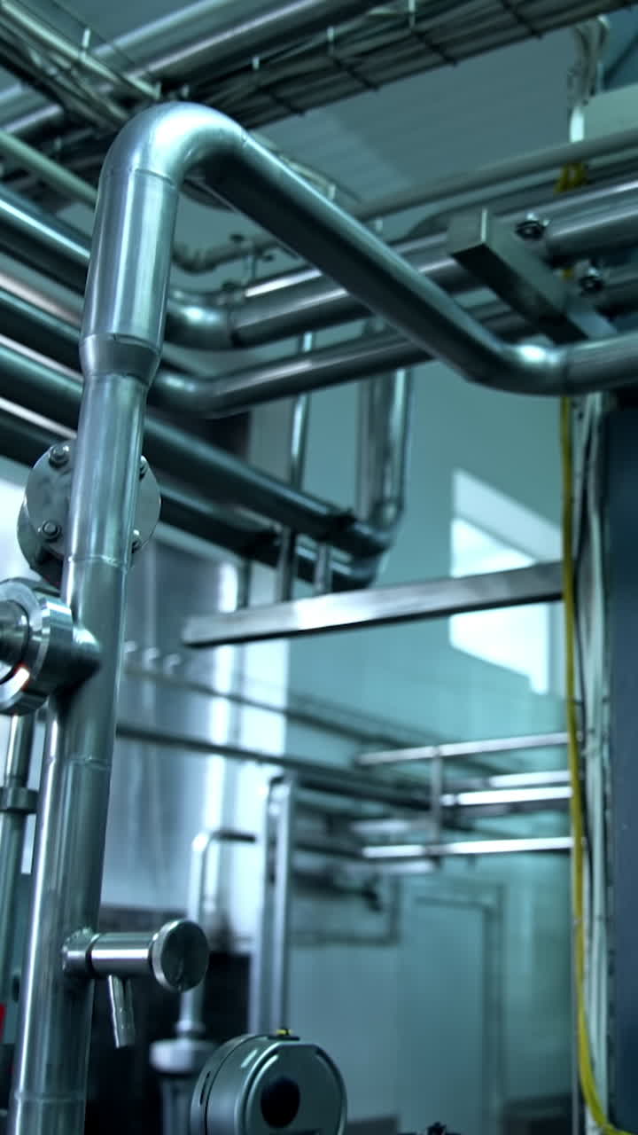 New technological milk factory with steel tubes. Diary food industry milk manufacturing. Close look at the pipelines. Vertical video