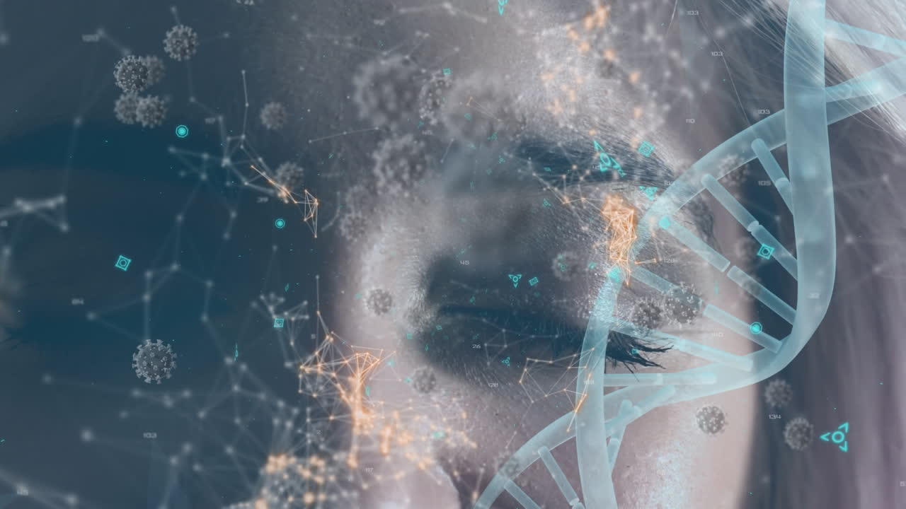estructura de adn, red de conexiones y células de covid-19 contra una mujer con los ojos cerrados