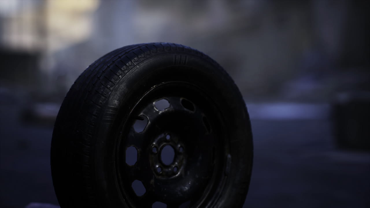Old black tire held in hand against a blurred background in urban area