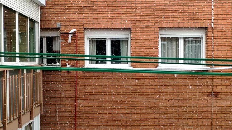 Vista da una finestra di neve che cade piuttosto copiosamente.