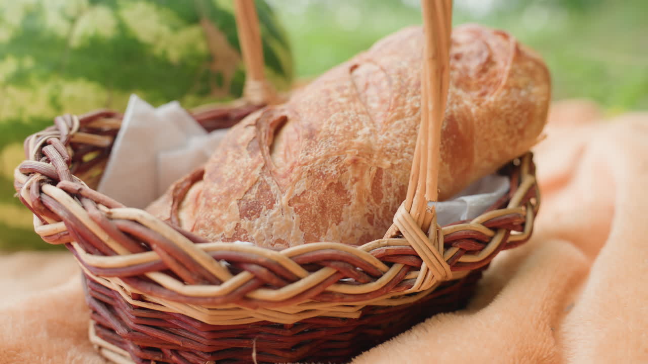 Hogaza rústica de masa madre en cesta sobre tela de lino, fondo bokeh verde a la luz del sol, primer plano de la superficie dorada y crujiente, estilo de panadería artesanal, ambiente de picnic, textura de trigo orgánico, luz natural, acogedor