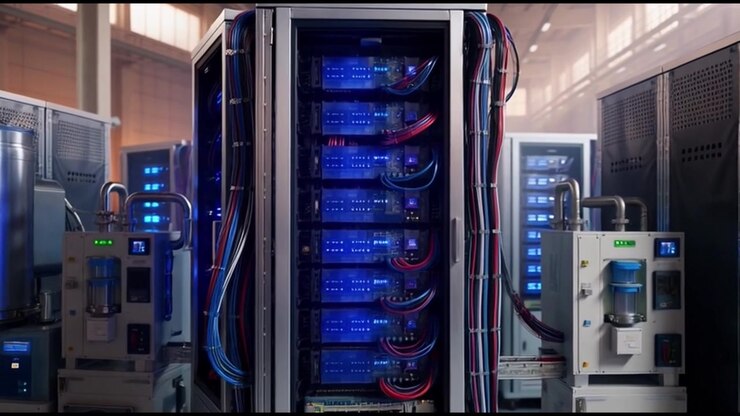 Rows of High-Performance Liquid-Cooled Server Racks in a Data Center
