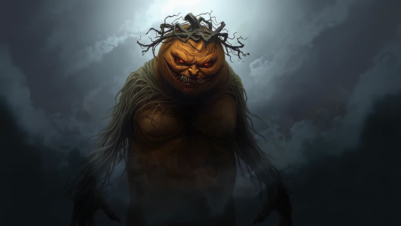 Creatura avvolta nella nebbia che si rivela con arti simili a viticci che si erge in una radura illuminata dalla luna, con una testa di zucca intagliata