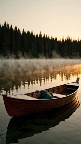 man in a wooden boat at sunrise on a misty lake
