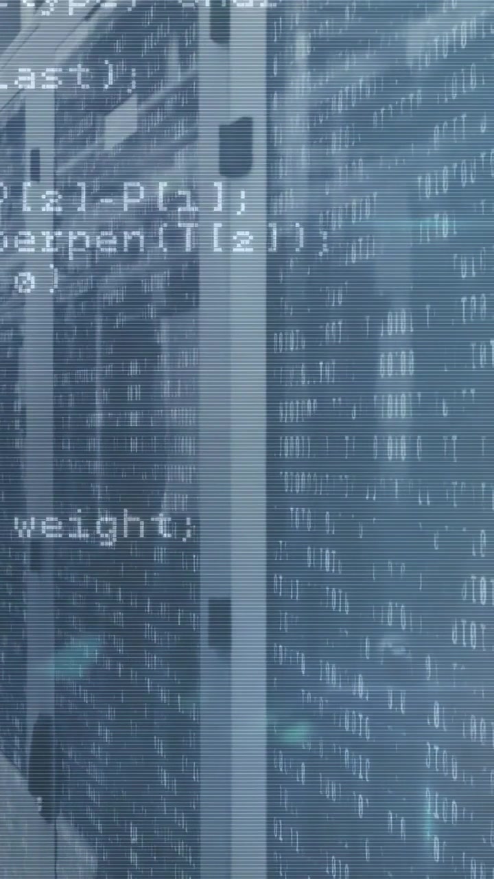 Vertical video: Data rack blinking LEDs as telemetry starting code overlay and teal flares to check