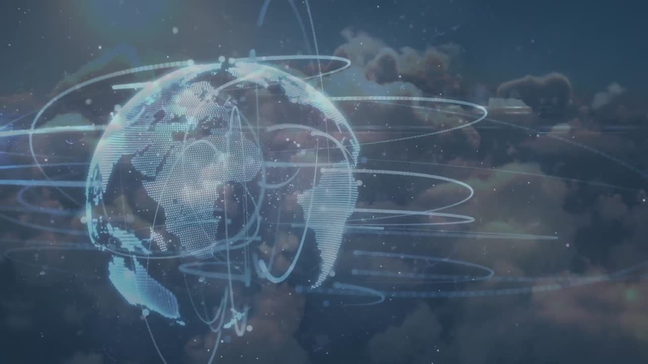 배경에 구름 위의 지구와 연결 네트워크의 애니메이션