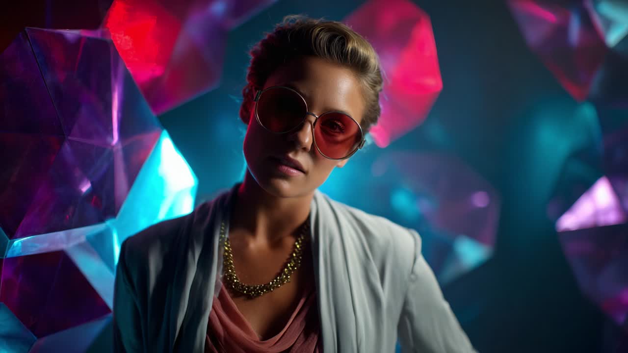 A stylish model exudes confidence in a vibrant setting, showcasing contemporary fashion with oversized sunglasses and chic accessories, against a backdrop of artistic geometric shapes illuminated with colorful lighting