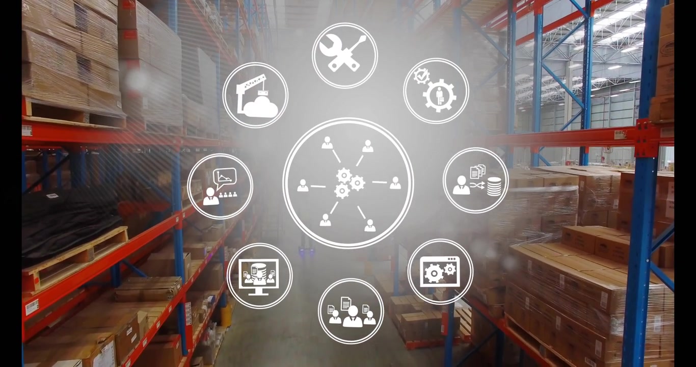 Fog lifting, center hub infographic pulsing, avatars connecting, visualizing warehouse workflow