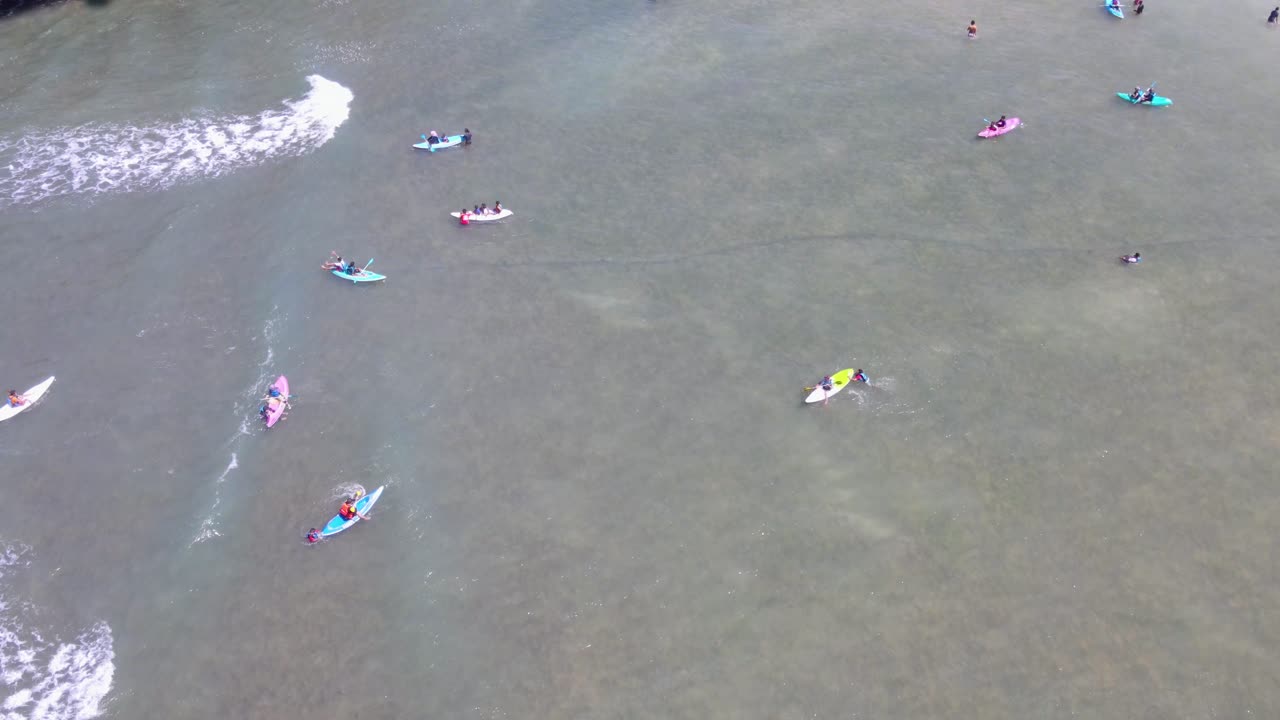 해변 에서 카야크 를 배우고 있는 사람 들 의 공중 여름 장면
