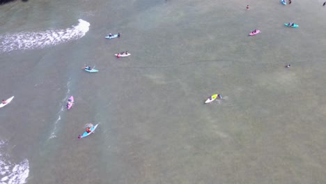 escena aérea de verano de personas aprendiendo kayak en la orilla de la playa