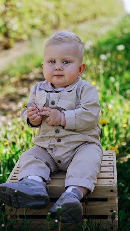 cute one-year-old toddler boy sits outdoors on the wooden crate. little blond baby plays with dandelion. vertical video.