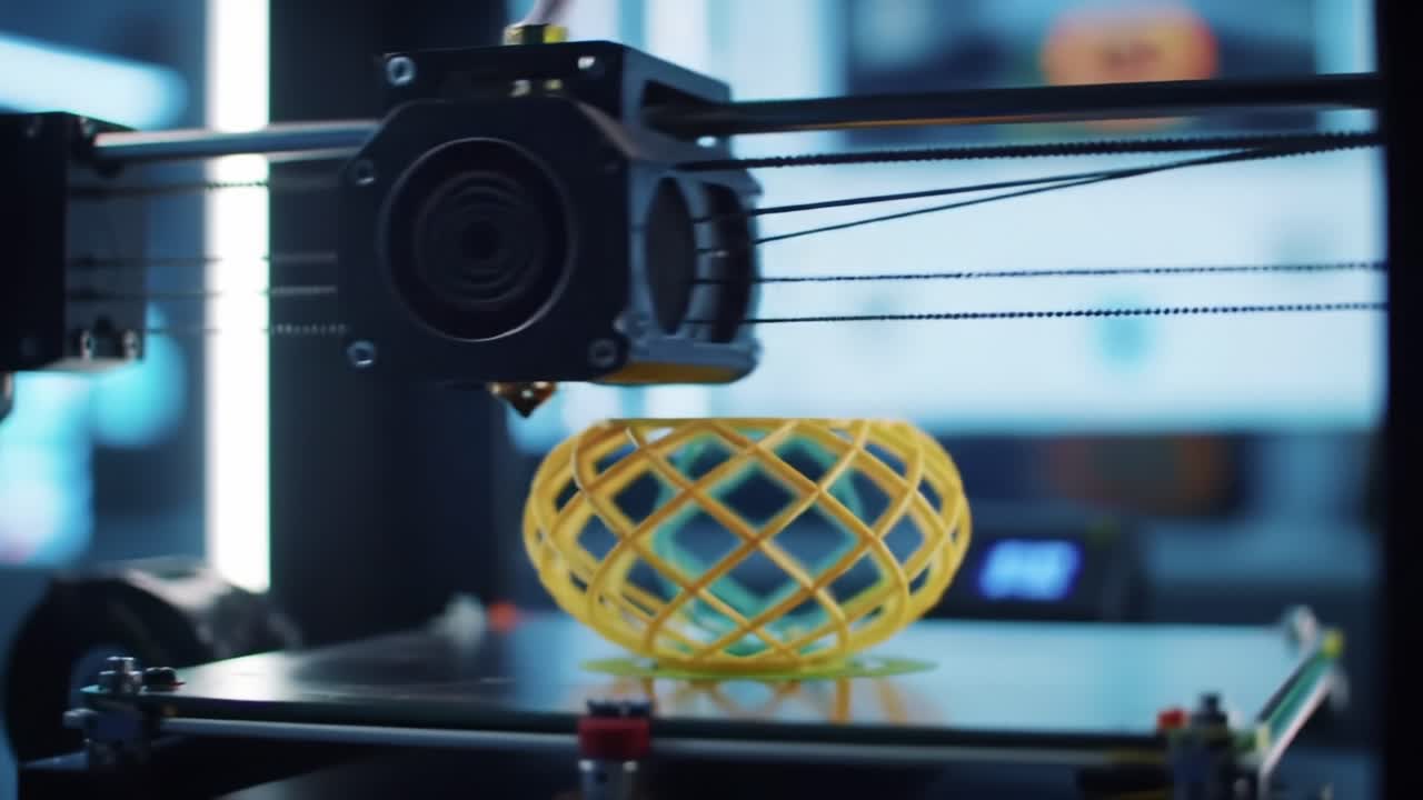 Innovative 3D Printing Process Showcasing a Colorful Mesh Object Creation from Start to Finish, Capturing the Precision and Technology Behind Modern Additive Manufacturing