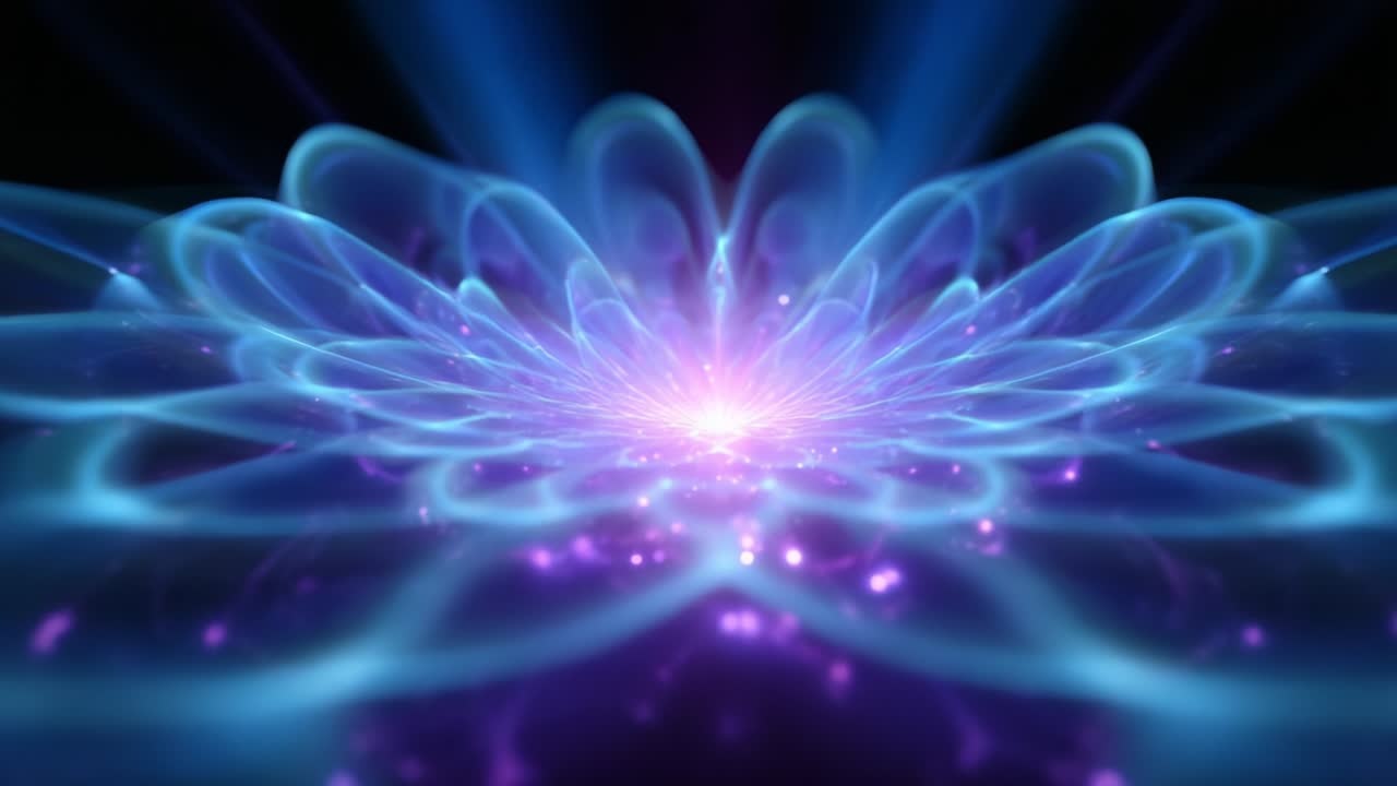 A Stunning Visualization of Dynamic Energy Patterns in a Brilliant Blue Light Display, Featuring Flowing Waves and Radiant Pulses Creating an Ethereal Floral Motif Against a Dark Background