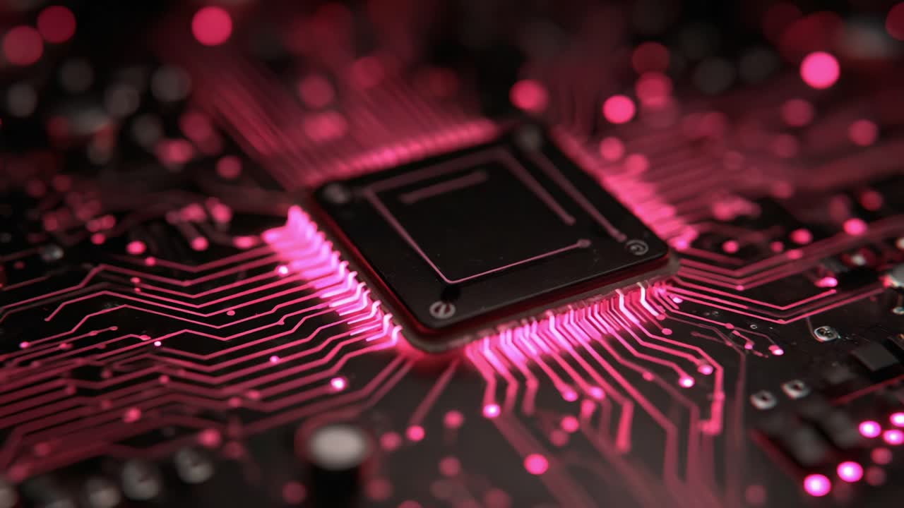 High-Tech Circuitry: A Close-Up View of a Microchip Embedded in a Vividly Colored Circuit Board with Pulsing Lights Reflecting Modern Technology Trends