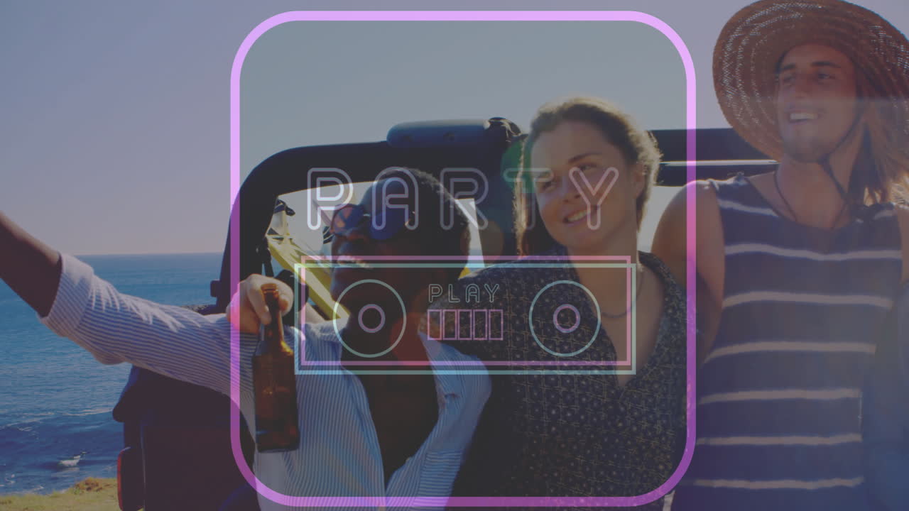 친구들이 해변 파티를 즐기고 파티와 놀이 텍스트 애니메이션이 여 있습니다.