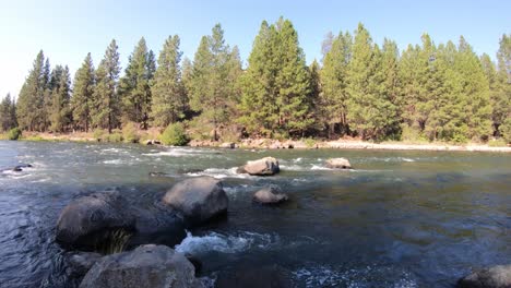 dolly shot left to right down river on a clear day