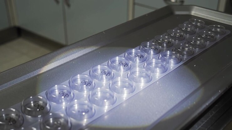 Shifting spotlight making glare across multiwell strip on stainless tray in lab, showing numbers