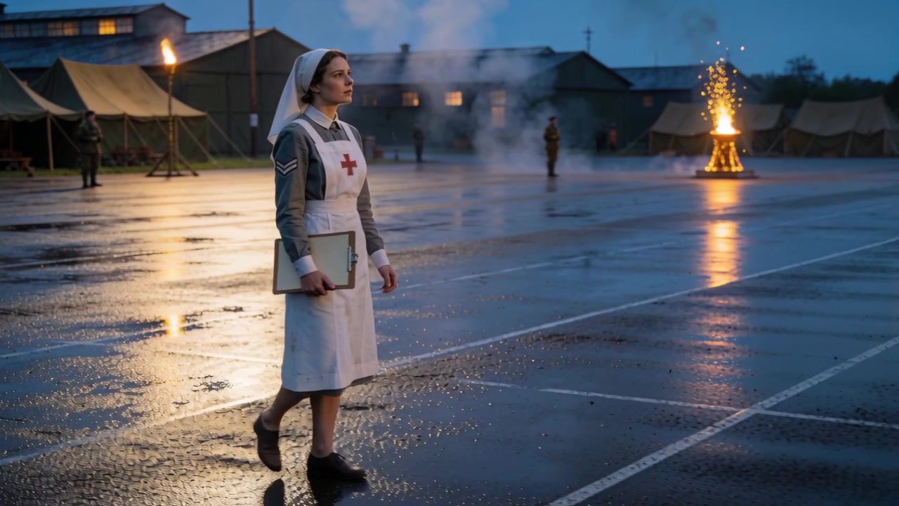 Starting rounds, nurse in Red Cross apron with folder walking across camp parade ground, copy space