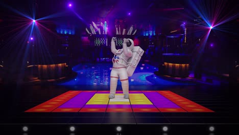 astronauta bailando en un escenario iluminado en un club nocturno