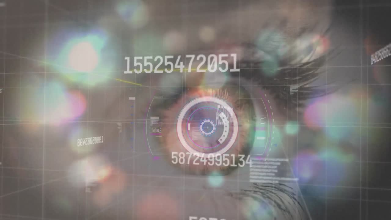 Animation of scope scanning, numbers changing and data processing over woman's eye