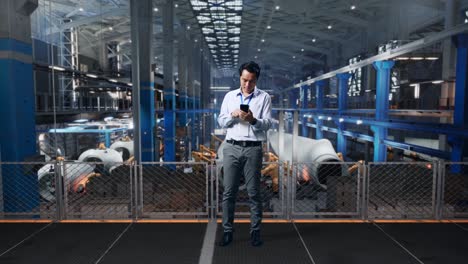 full body of an asian male professional worker standing with his smartphone at the center of the wind turbine factory, working continuously