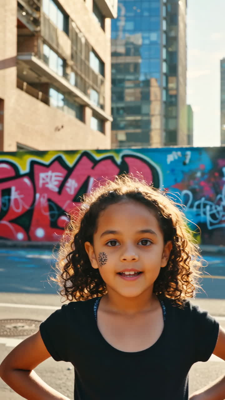 Smiling Young Girl with Curly Hair in Urban Graffiti Setting