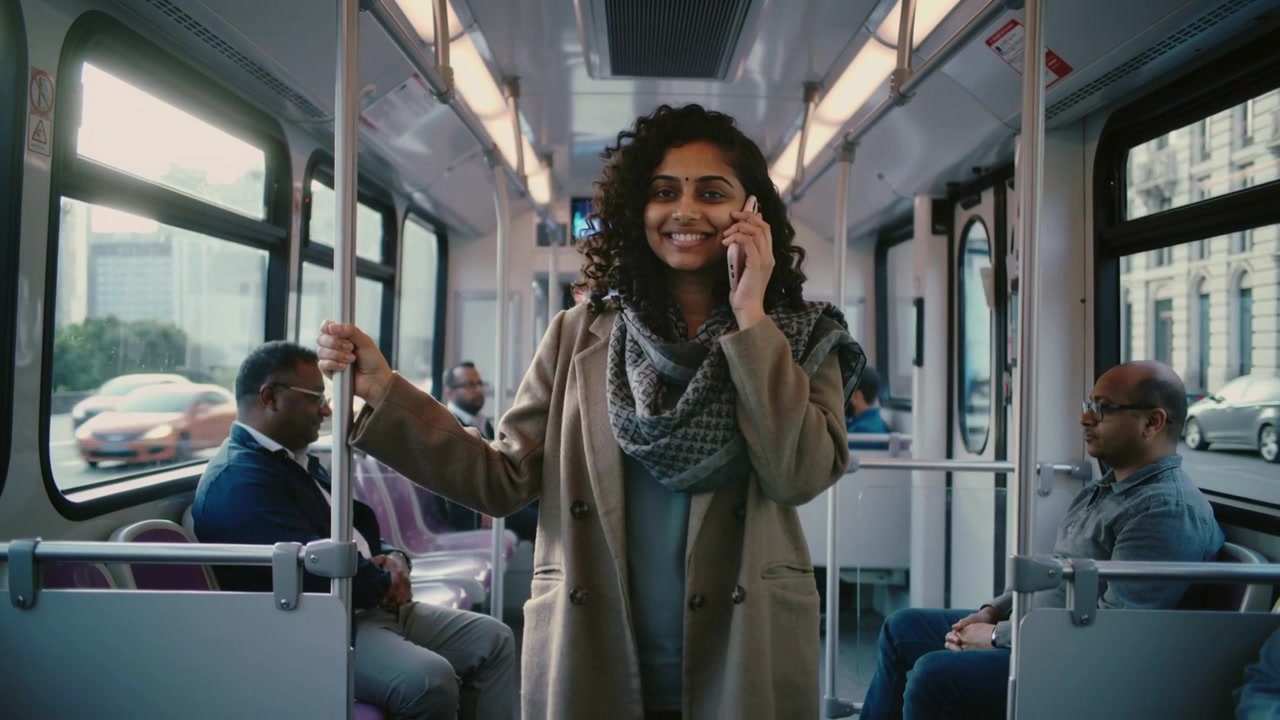 Smiling woman in beige coat, grey scarf standing in bus, holding pole, talking after incoming call