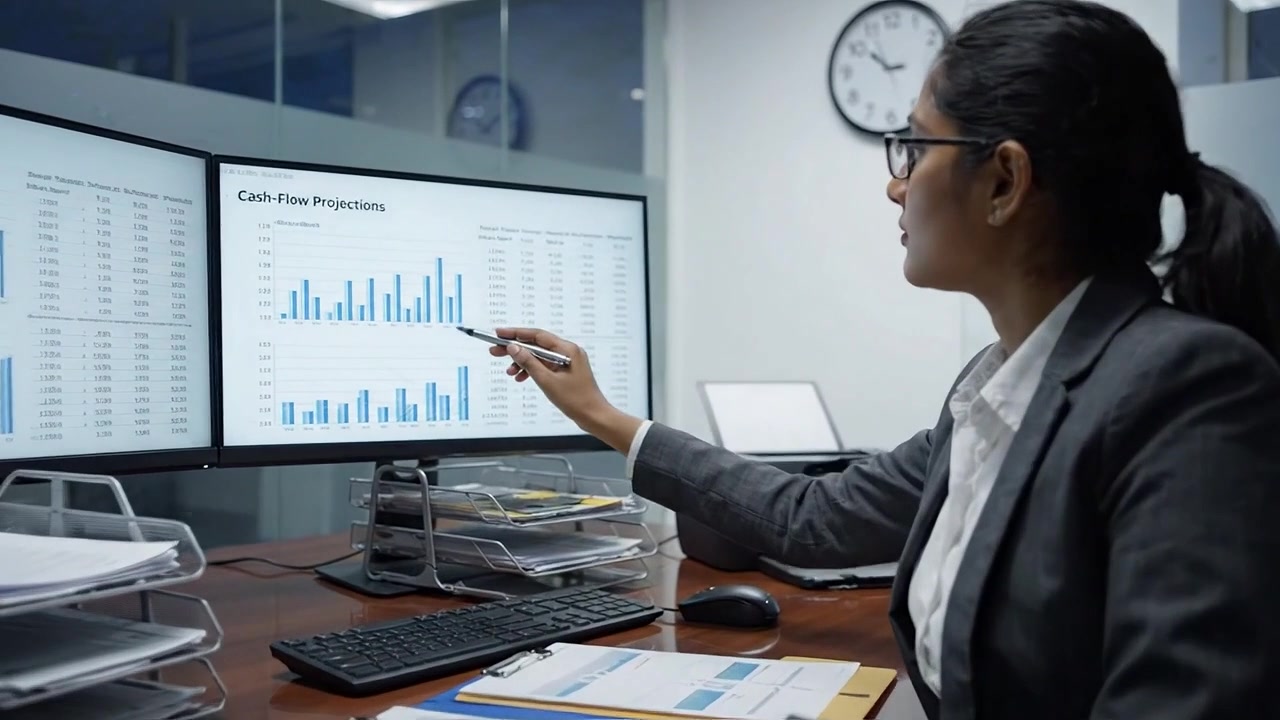 Focused Business Professional Analyzing Financial Projections in Modern Office with Dual Monitors, Emphasizing Data-Driven Decision Making and Success.
