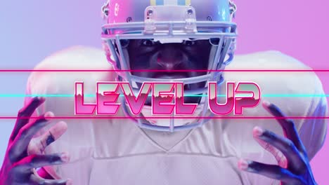 animation of level up text over american football player and neon lines