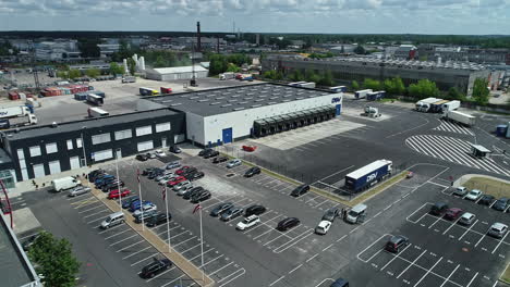 logistics center and parked trucks in industrial zone of riga in latvia