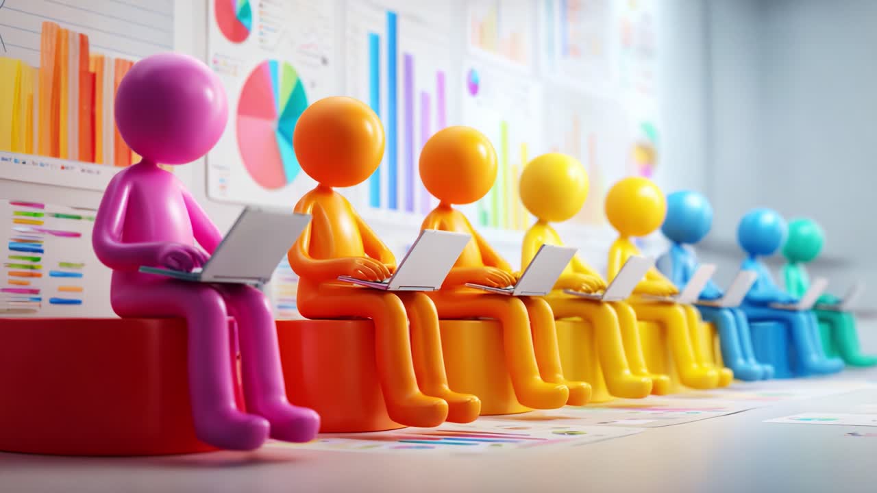 A Colorful Array of Stylized Figures Engaged in Data Analysis, Diligently Working on Laptops Amidst Vibrant Charts and Graphs Displaying Analytical Trends