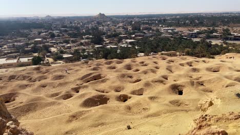 Blick-Auf-Eine-Stadt-Neben-Sand-Und-Palmen,-Nach-Oben-Geneigte-Aufnahme,-Weitwinkelaufnahme