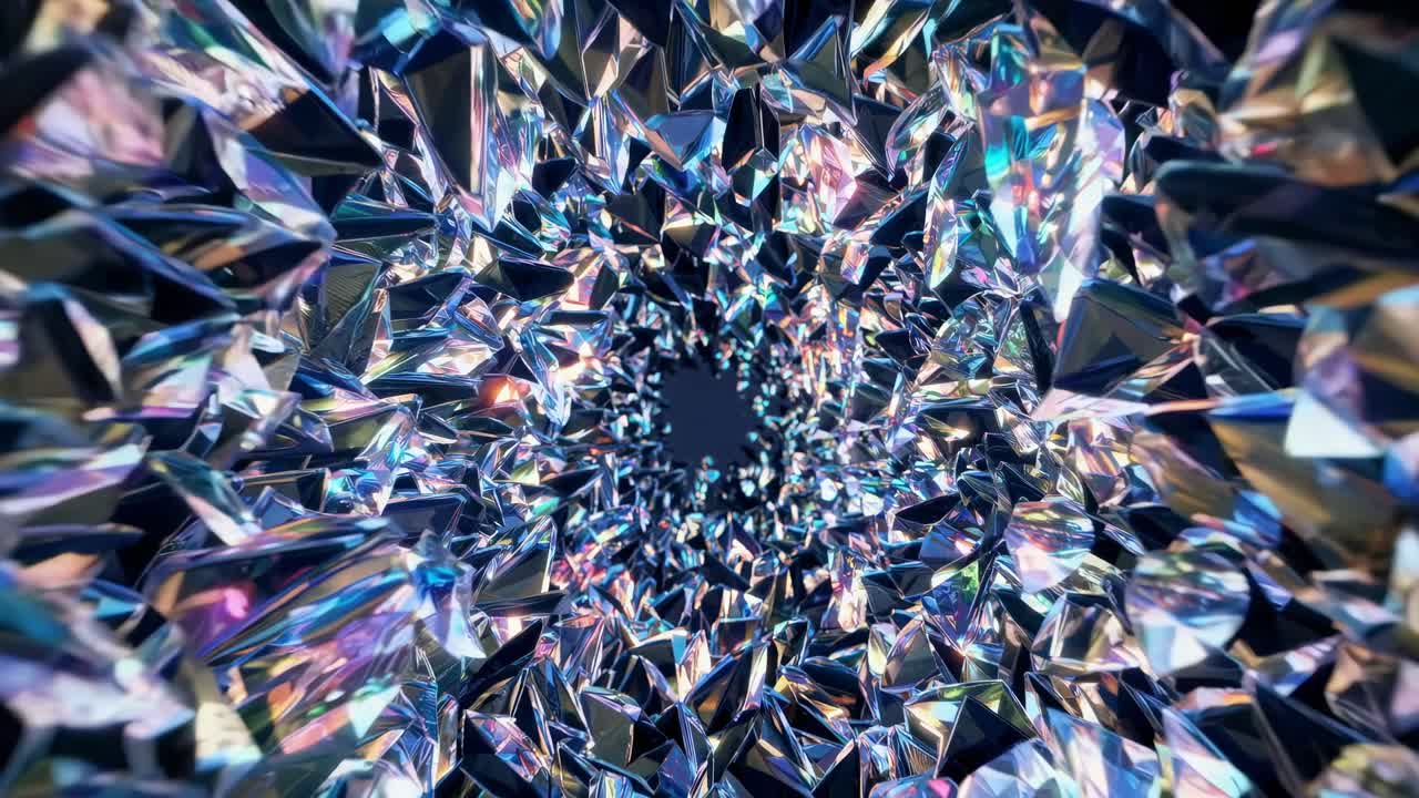 Dynamic sequence of shimmering crystal formations spiraling inward, showcasing intricate reflections and vibrant colors in a mesmerizing visual journey through a crystalline tunnel