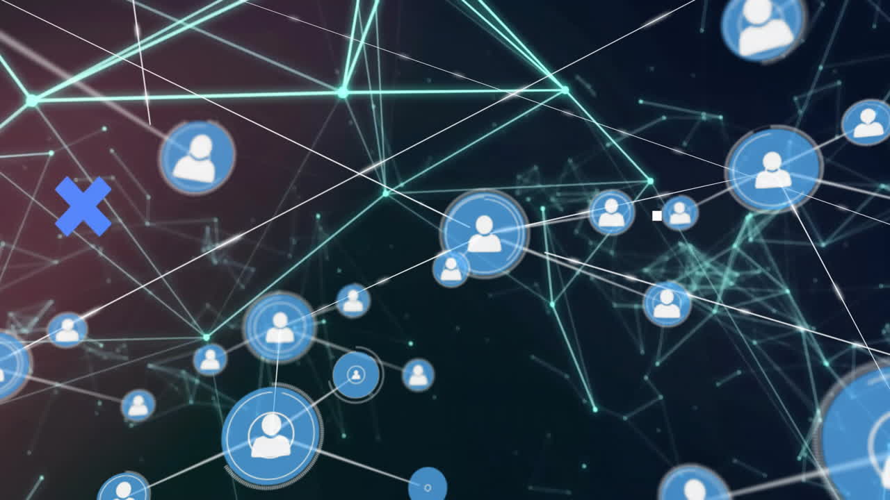 Animation of digital lines connecting user icons with blue crosses in network